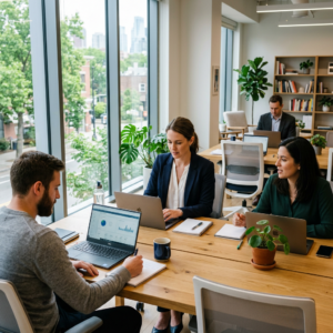 Four colleagues working on laptops and taking notes in a modern office with large windows and plants